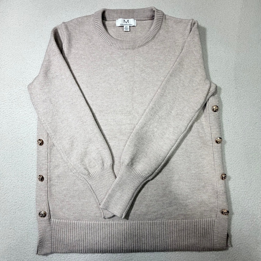 Magaschoni Crewneck Sweater Men Small Beige Gold Button Side Slit Knit 7436